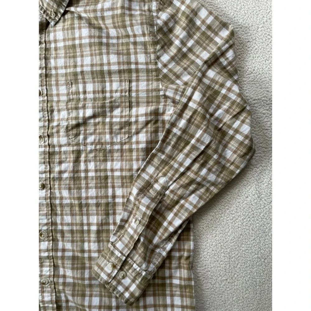 Banana Republic Mens Large Button Down Shirt Tan Plaid Untucked Fit Long Sleeve